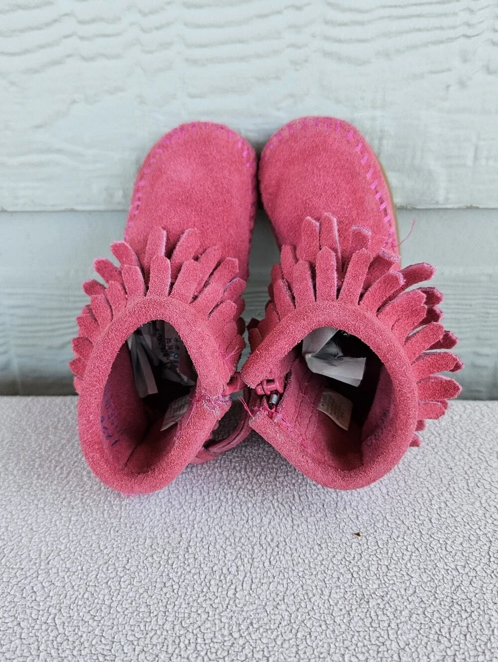 Minnetonka Moccasins Double Fringe Booties Infant Baby SZ 2 Pink Suede Leather